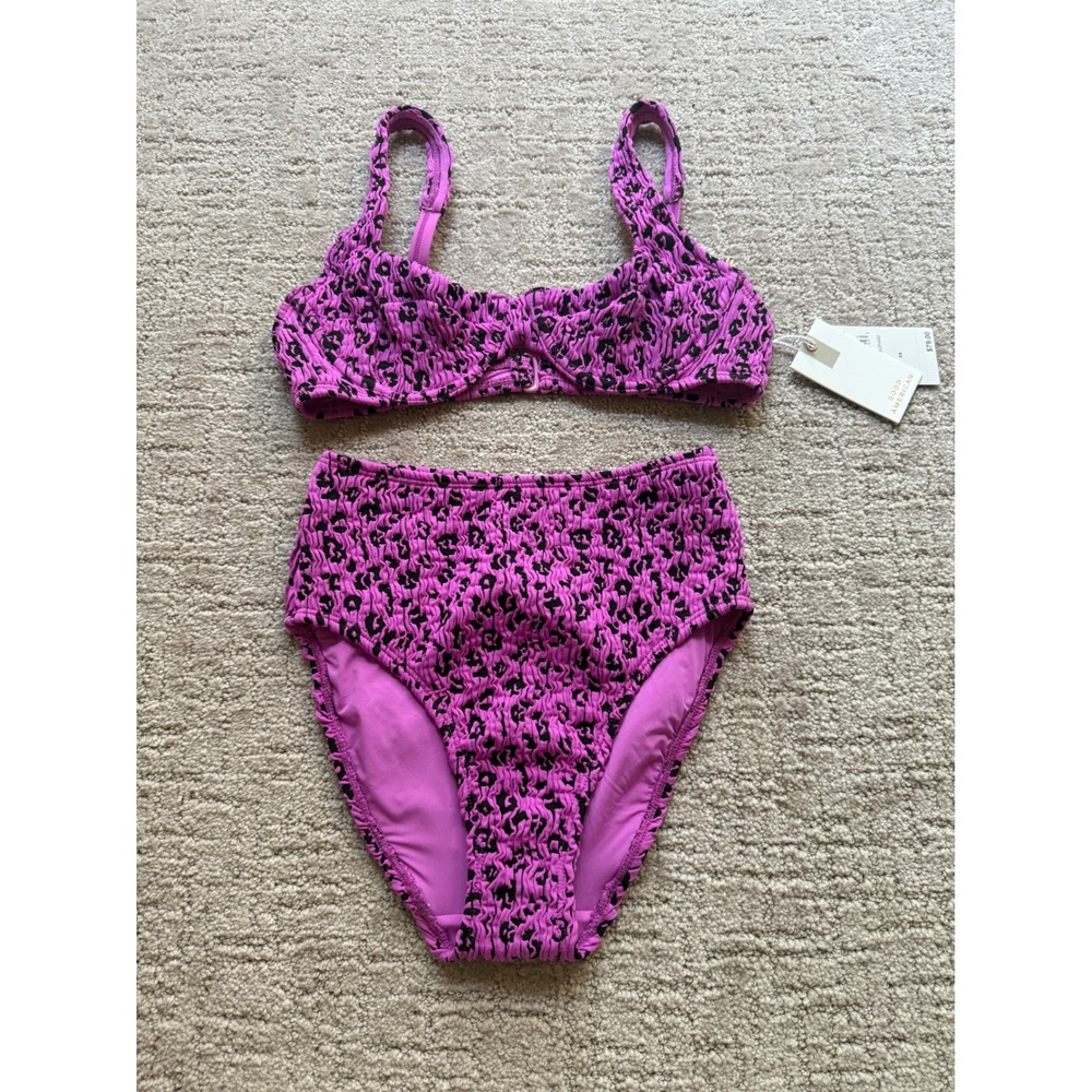 Good American Bikini Set Women XS Purple NWT Animal Print Smocked High Waist